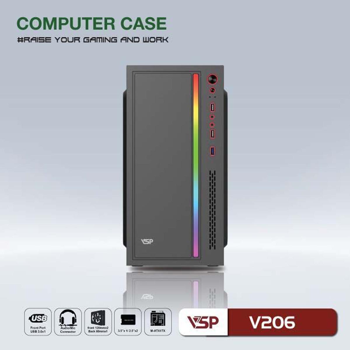 Vỏ Case VSP V206 (M-ATX, Đen, Chưa Gồm Fan)