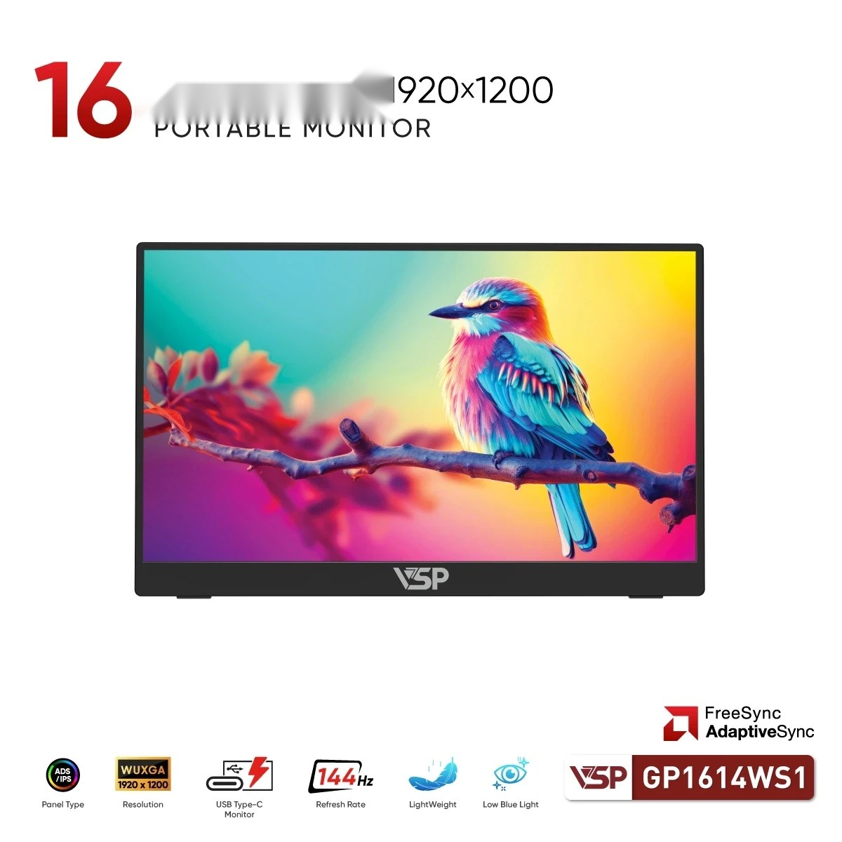 Màn hình di động VSP GP1614WS1 | 16 inch, WUXGA, 144Hz, IPS, USB C, Mini HDMI, Tích hợp loa