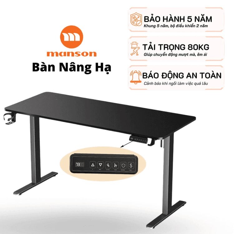 Bàn nâng hạ Manson SmartDesk 1m6 | Khung đen, Mặt đen