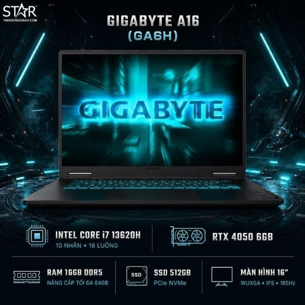 Laptop Gaming GIGABYTE A16-CMHI2MY893SH (GA6H) | i7-13620H, 16GB DDR5, SSD 512GB NVMe, 16" FHD+ IPS 165Hz, Đen