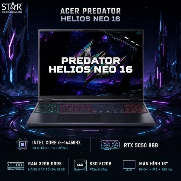 Laptop Gaming Acer Predator Helios Neo 16 PHN16-I31-50H7 (NH.U4SSV.001) | i5-14450HX, 32GB DDR5, SSD 512G NVMe, 16" FHD+ 180Hz, RTX 5050 8GB, Win11, Đen