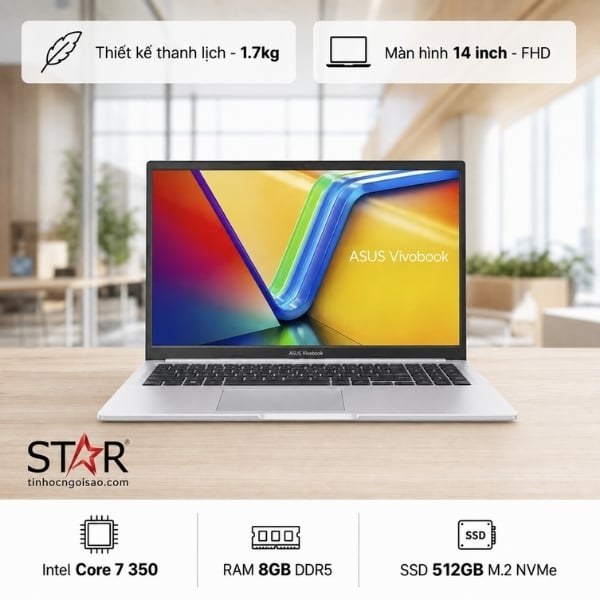 Laptop ASUS Vivobook 15 X1504MA-BQ633W | Core 7-350, 8GB DDR5, SSD 512GB NVMe, 15.6" Full HD IPS, Windows 11 Home, Bạc