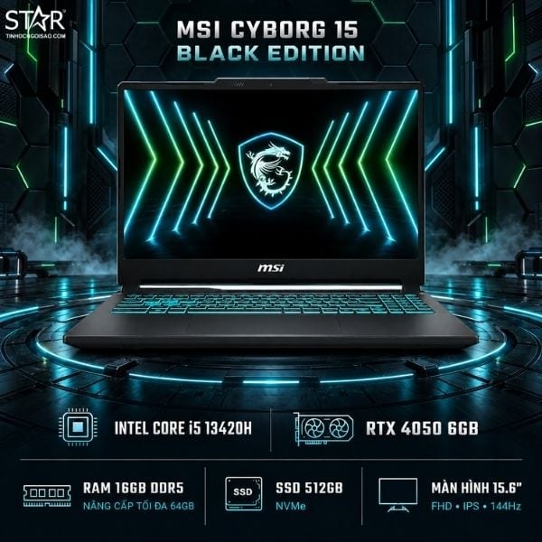 Laptop Gaming MSI Cyborg 15 Black Edition A13VEO-2610VN | i5-13420H, 16GB DDR5, SSD 512GB NVMe, 15.6" FHD 144Hz, RTX 4050 6GB, Win 11, Balo
