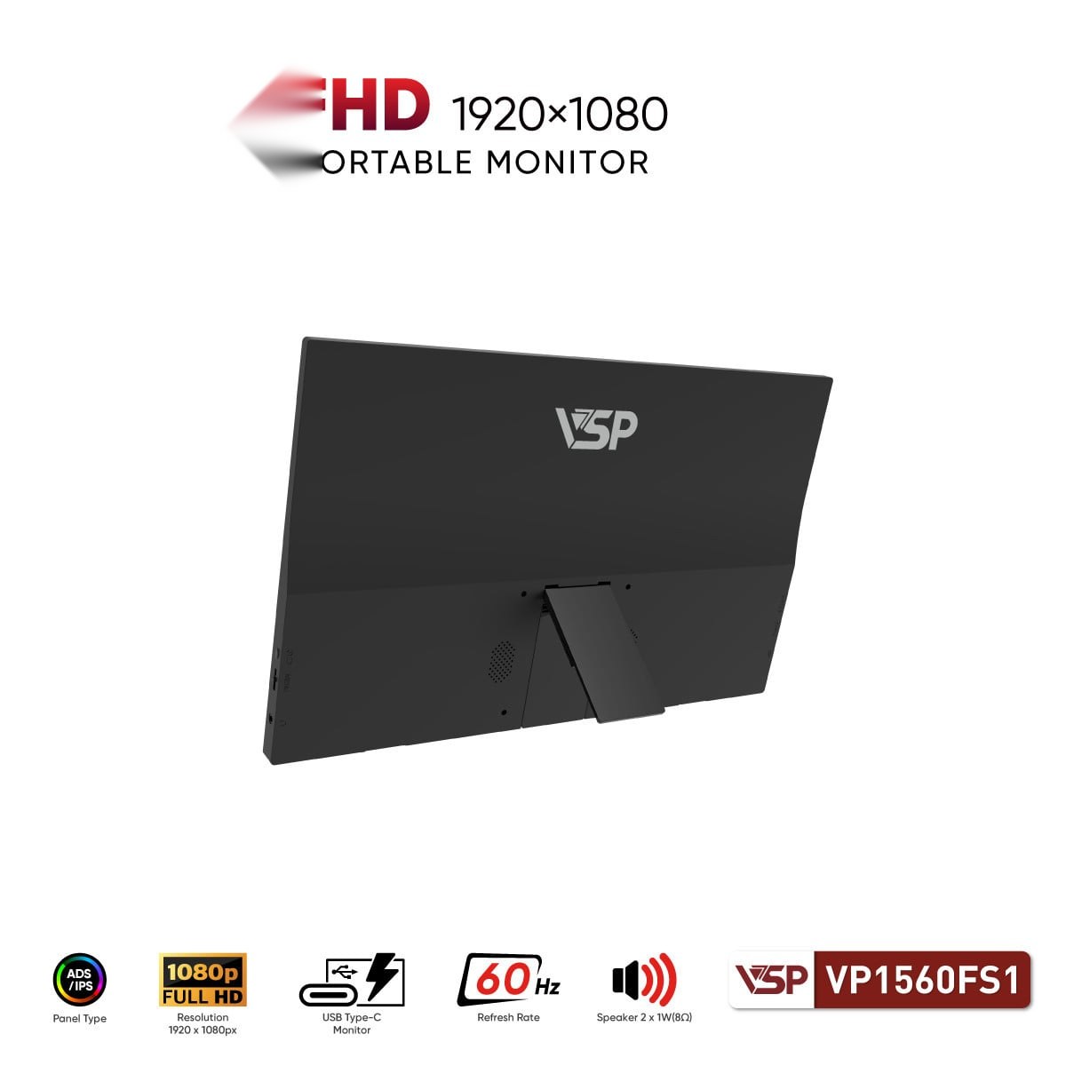 Màn hình di động VSP VP1560FS1 | 16 inch, Full HD, 60Hz, IPS, USB C, Mini HDMI, Tích hợp loa