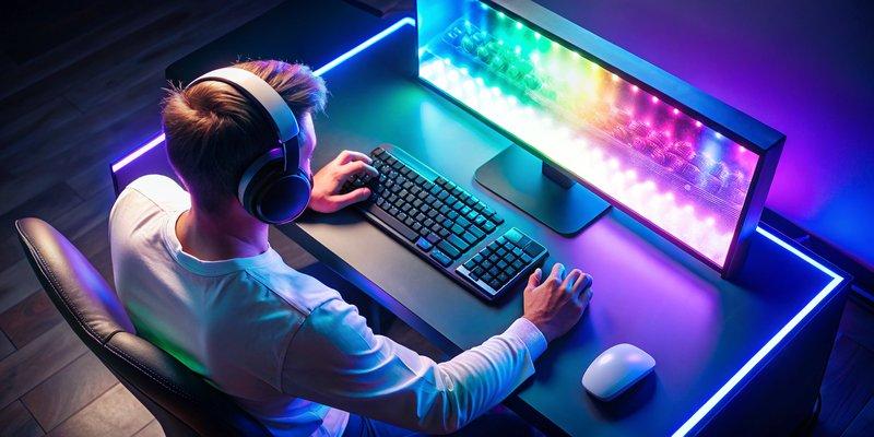 Game thủ đang trải nghiệm trên bộ PC gaming i3 12100F/16GB/GTX 1050 màu trắng với đèn RGB.