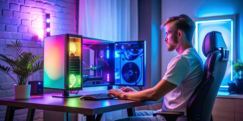 Game thủ đang trải nghiệm bộ PC Gaming X670 R7 7800X3D 16GB RTX 5070 Ti với đèn RGB sáng rực