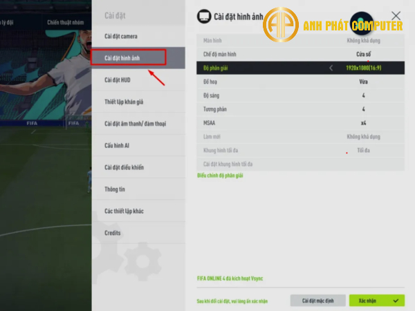 Mở phần Cài đặt FIFA Online 4 chọn Cài đặt hình ảnh
