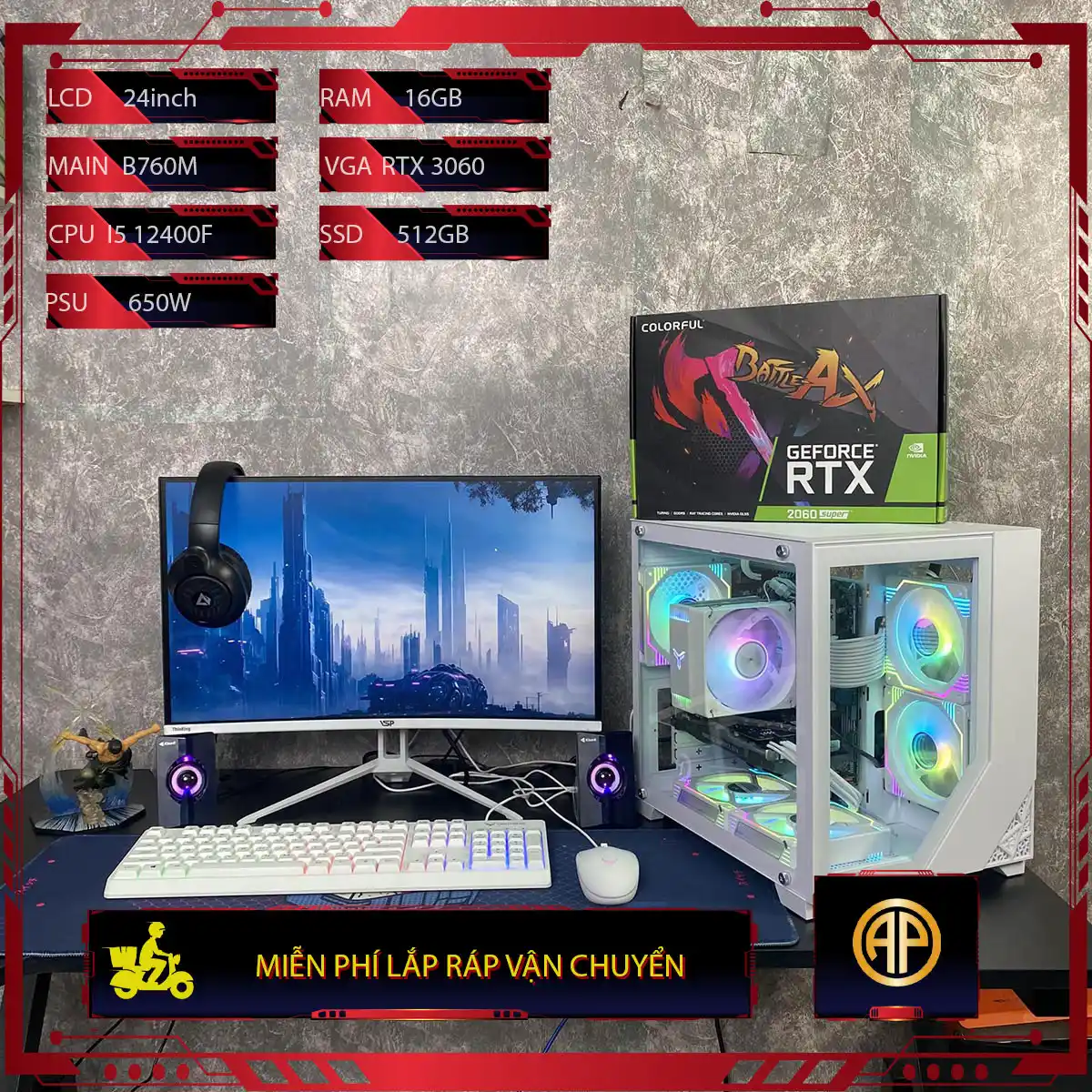  Dàn Pc Gaming Giá Rẻ Bể Cá Trắng B760M I5 12400F 16GB RTX 3060   Màn Hình 24inch ( Vga 2nd )