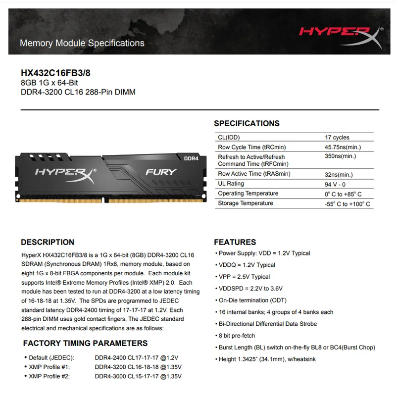 Ram máy bộ update tản Kingston Fury 8GB DDR4 3200 HX432C16FB3/8
