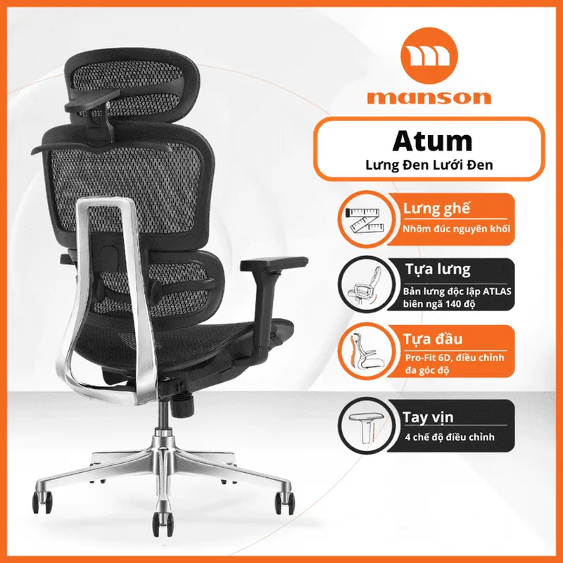 Ghế công thái học Manson Atum | Đen, lưng hợp kim nhôm, tựa đầu 6D