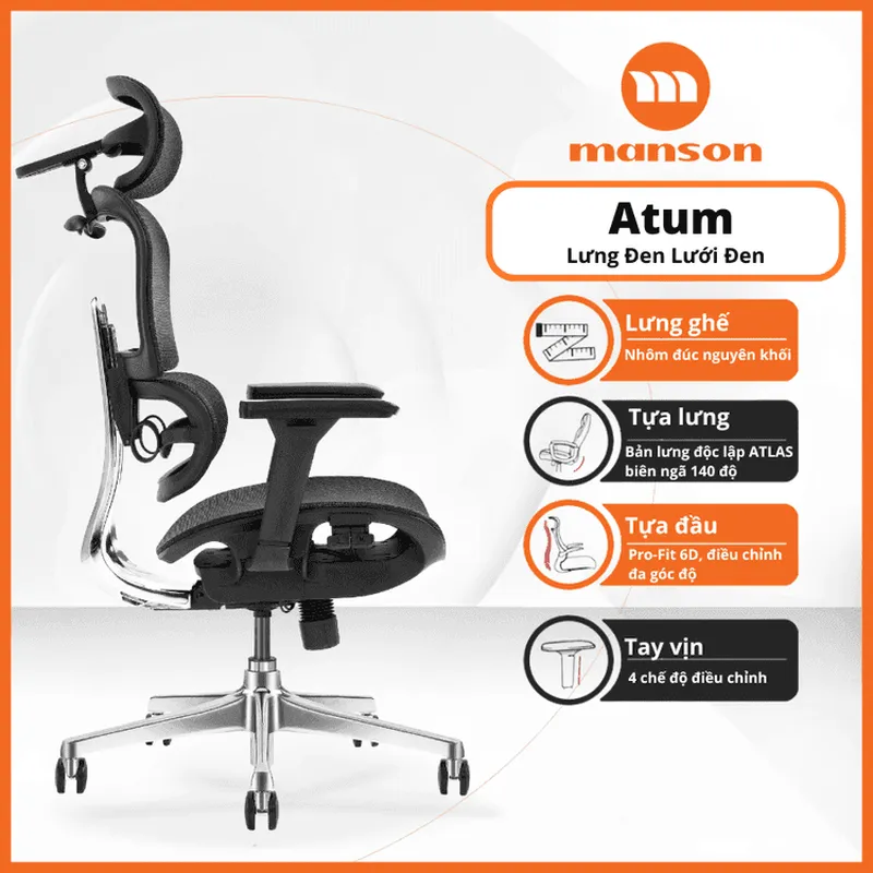 Ghế công thái học Manson Atum | Đen, lưng hợp kim nhôm, tựa đầu 6D