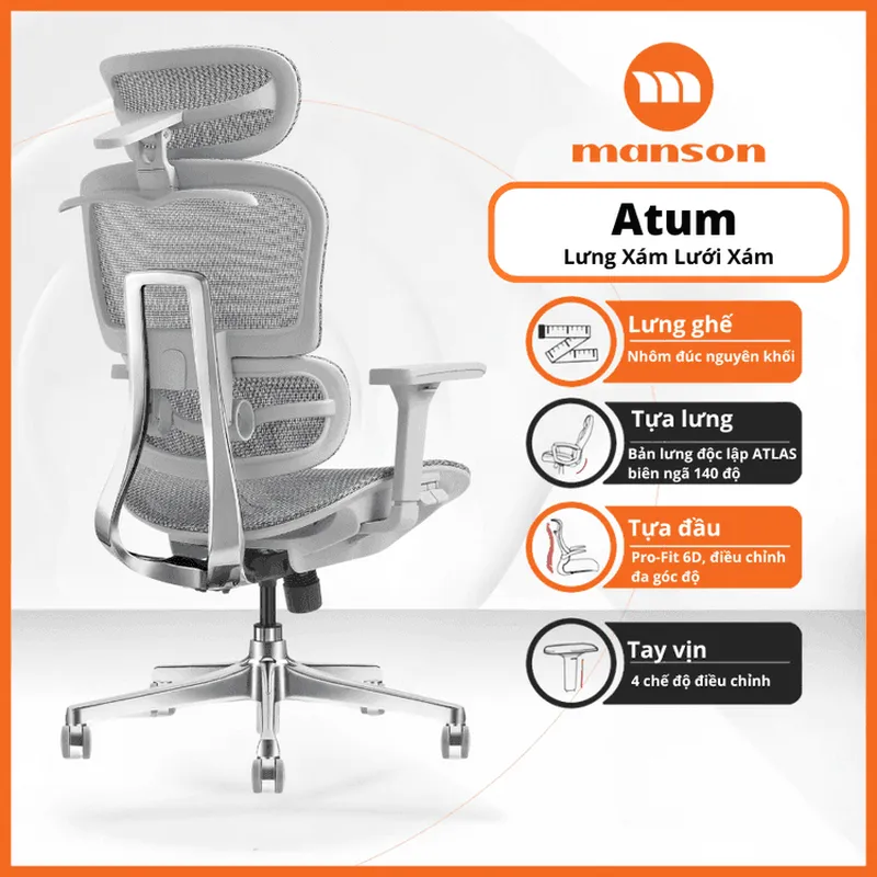 Ghế công thái học Manson Atum | Xám, lưng hợp kim nhôm, tựa đầu 6D