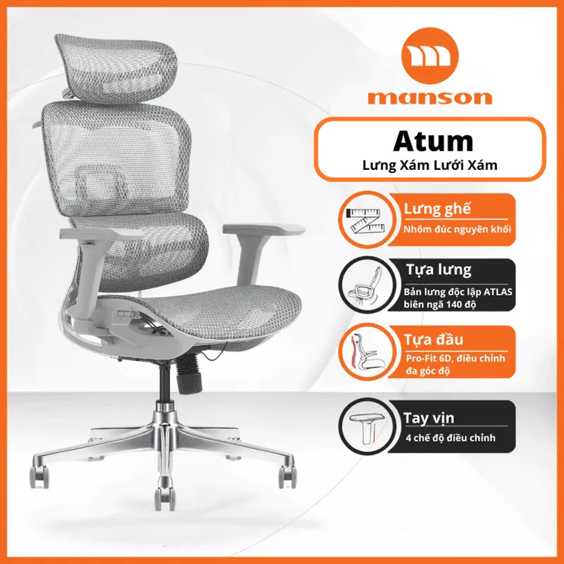 Ghế công thái học Manson Atum | Xám, lưng hợp kim nhôm, tựa đầu 6D