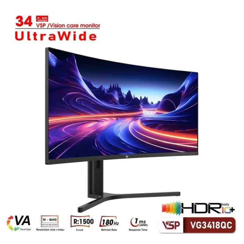 Màn Hình Máy Tính ULTRAWIDE Gaming VSP VG3418QC | 34 inch, WQHD, VA, 180Hz, 1ms, Cong