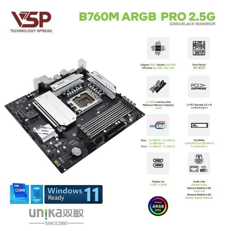 Mainboard Unika Black Warrior B760M ARGB PRO 2.5G (PN UNIKA25120438)