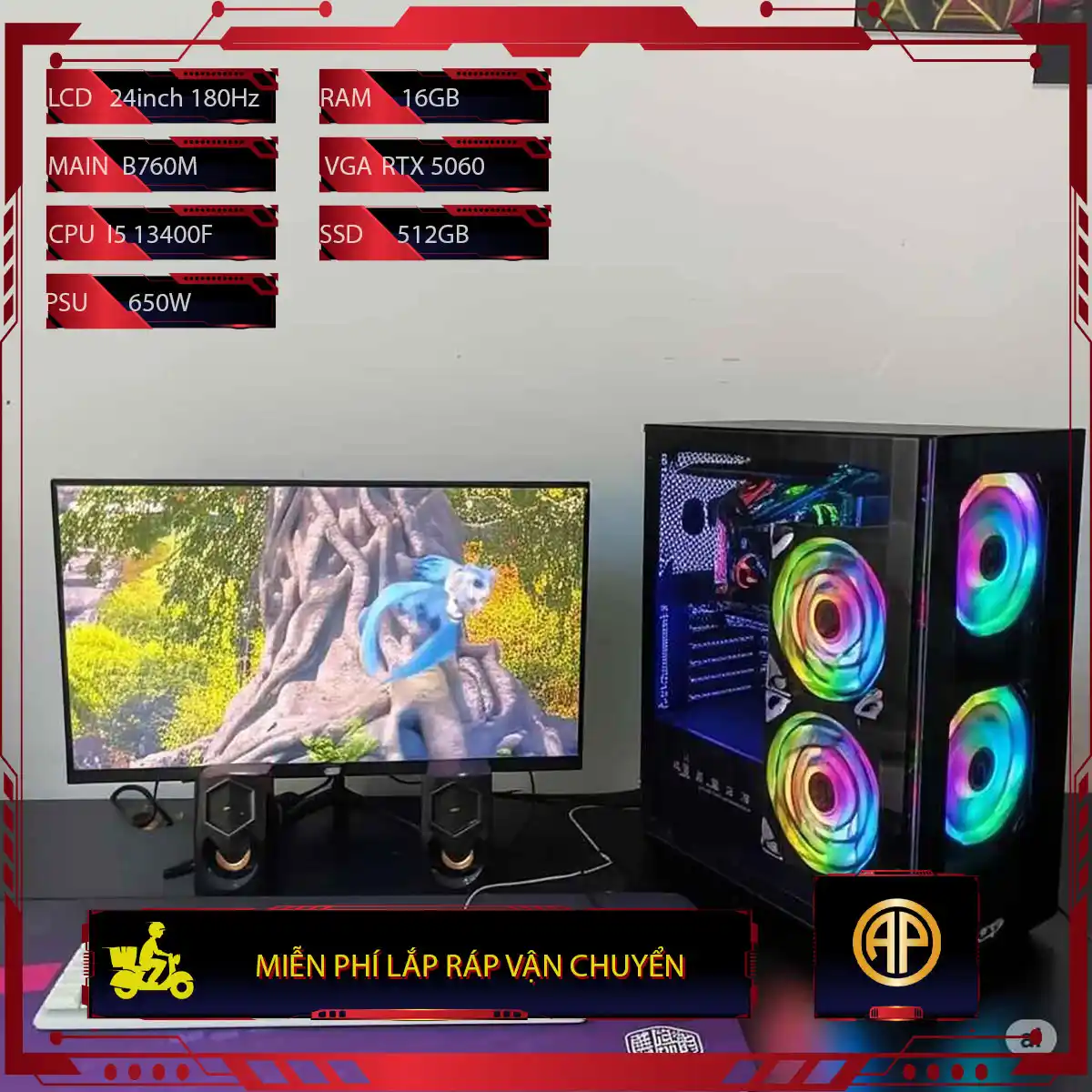  Dàn Pc Gaming Đen B760M I5 13400F 16GB RTX 5060  Kèm Màn Hình 24inch 180Hz 