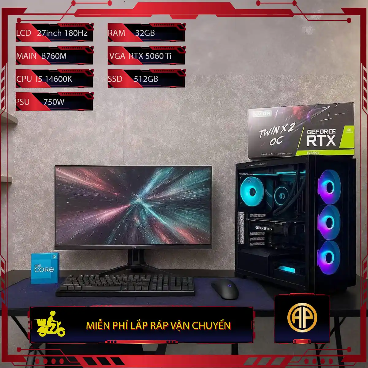  Dàn Pc Gaming Full Trắng B760M I5 14600K 32GB RTX 5060 Ti  Kèm Màn Hình 27inch 180Hz 