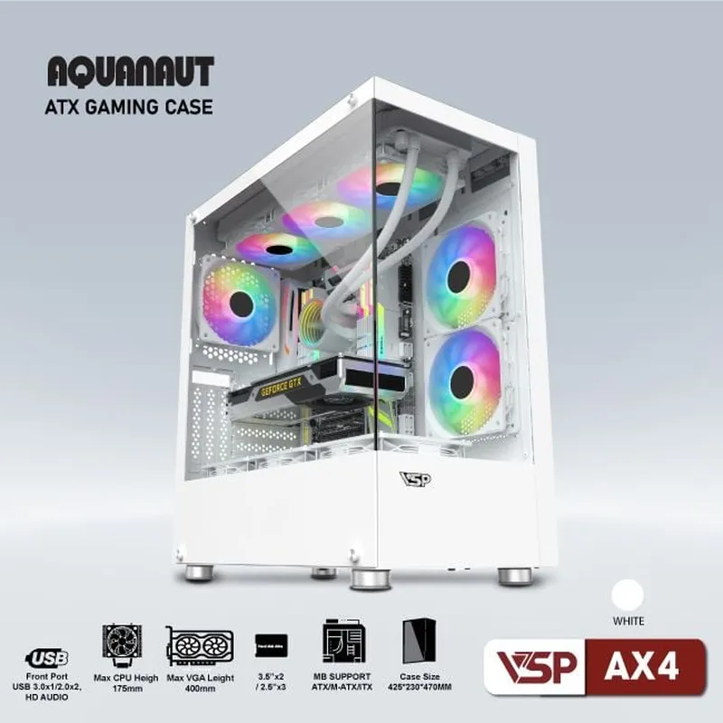 Vỏ case VSP Aquanaut AX4 | ATX, Trắng / Đen, Không Fan