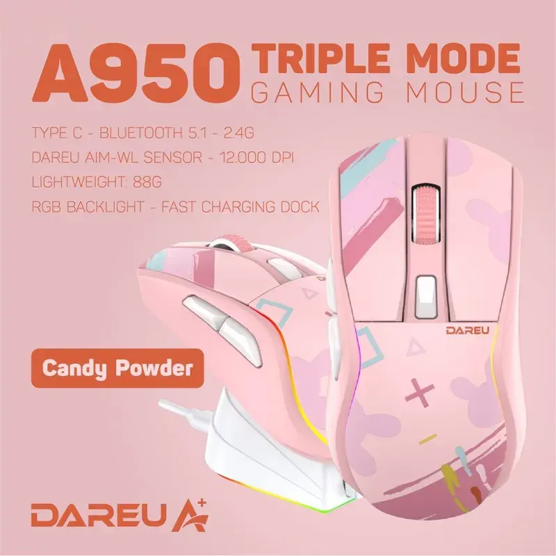 Chuột Dare-U A950 Chewy, Không dây-TRIPLE MODE, (Hồng)