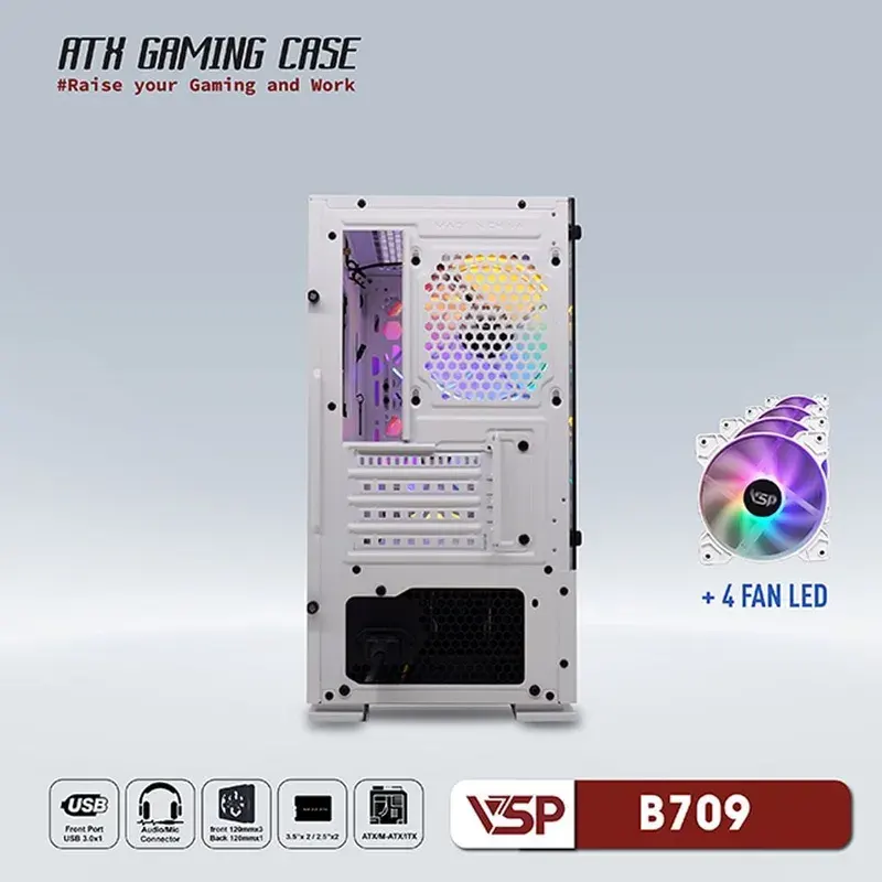 Vỏ Case VSP Gaming Mid Tower B709 - White + 4Fans Led