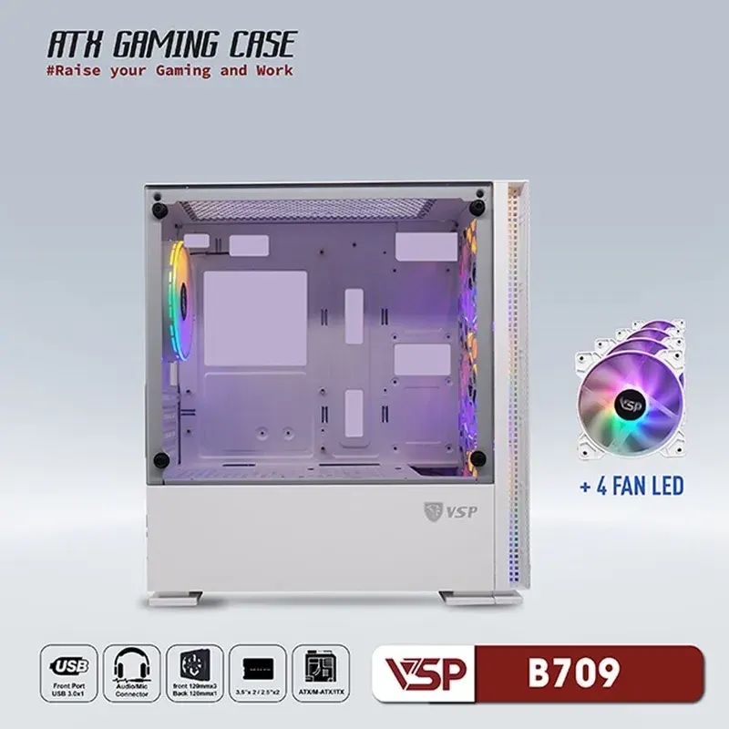Vỏ Case VSP Gaming Mid Tower B709 - White + 4Fans Led