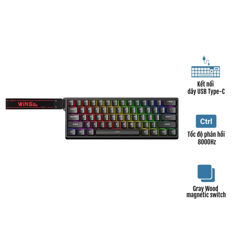 Bàn phím Gaming Rapid Trigger Aula WIN60HE Black - Chính hãng | Gray Wood, Magnetic Switch