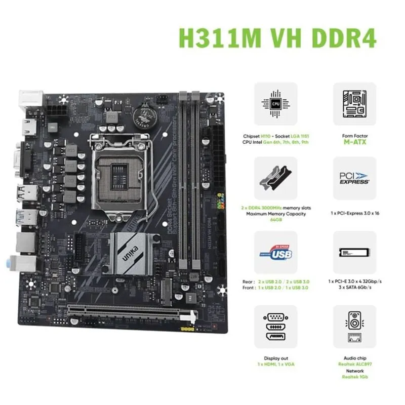 Mainboard Unika H311M.VH/M2 DDR4 | LGA 1151, mATX, 2 khe RAM