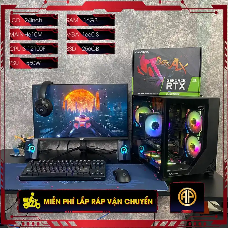  Dàn Pc Gaming AP Bể Cá Đen H610M I3 12100F 16GB 1660 Super  Kèm Màn Hình Không Có Dữ Liệu 