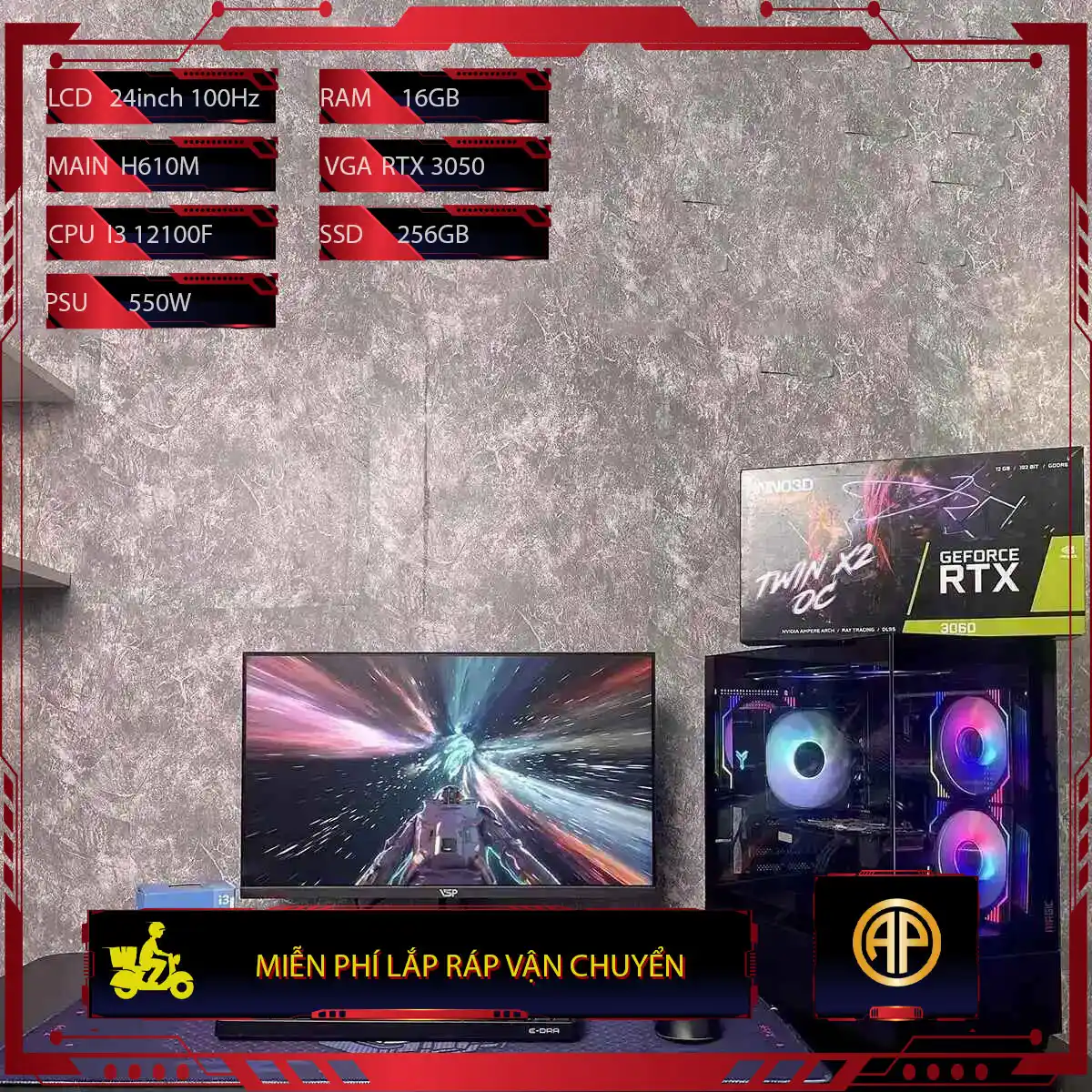  Dàn Pc Gaming Full Trắng H610M I3 12100F 16GB RTX 3050  Kèm Màn Hình 24inch 100Hz 