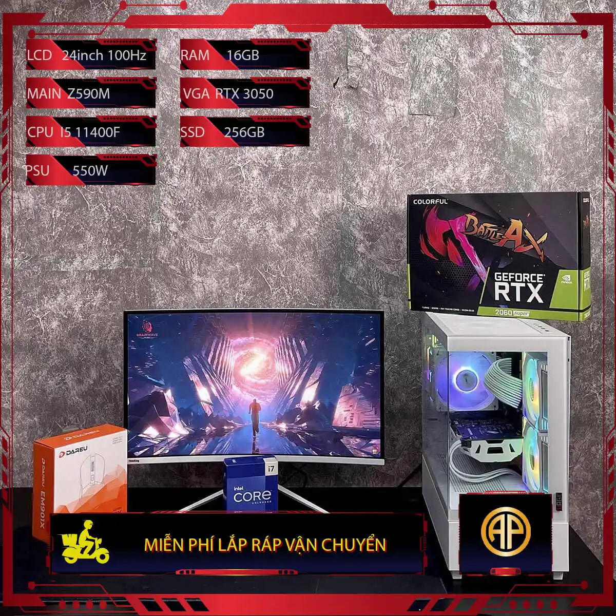  Dàn Pc Gaming Full Trắng Z590M I5 11400F 16GB RTX 3050  Kèm Màn Hình 24inch 100Hz 