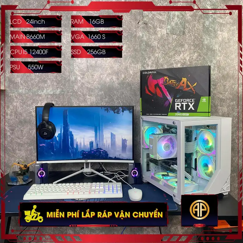  Dàn Pc Gaming AP Bể Cá Trắng B760 I5 12400F 16GB Rx 6600  Kèm Màn Hình 27inch ( Vga 2nd )