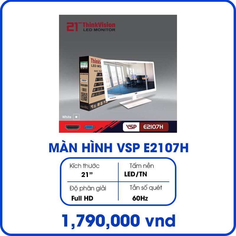Màn hình máy tính VSP E2107H Trắng (21inch, Full HD, LED/TN, 60Hz, 3.5ms, 200 cd/m², Phẳng)