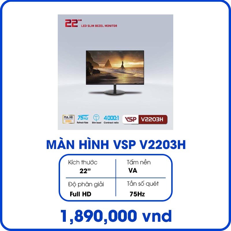 Màn hình máy tính VSP V2203H(Đen) (22inch, Full HD, VA, 75Hz, 6.5ms, 230 cd/㎡, Phẳng)