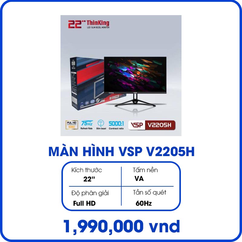 Màn hình máy tính VSP V2205H (Trắng) (22inch, Full HD, VA, 60Hz, 5/6.6ms, 250 cd/㎡, Phẳng)