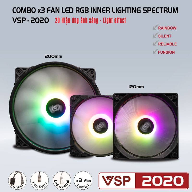 Bộ 3 Fan Led RGB VSP 2020 (Fan theo case ES6 và ES7, 1Fan 20cm và 2Fan 12cm)