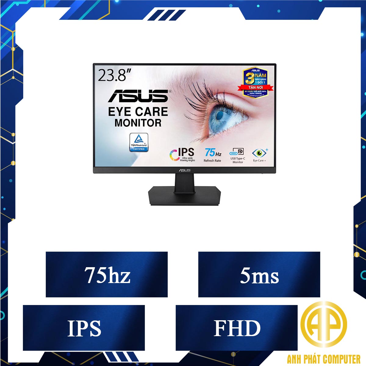 Màn hình máy tính Asus VA24ECE (23.8 inch/FHD/IPS/75Hz/5ms/USB TypeC)