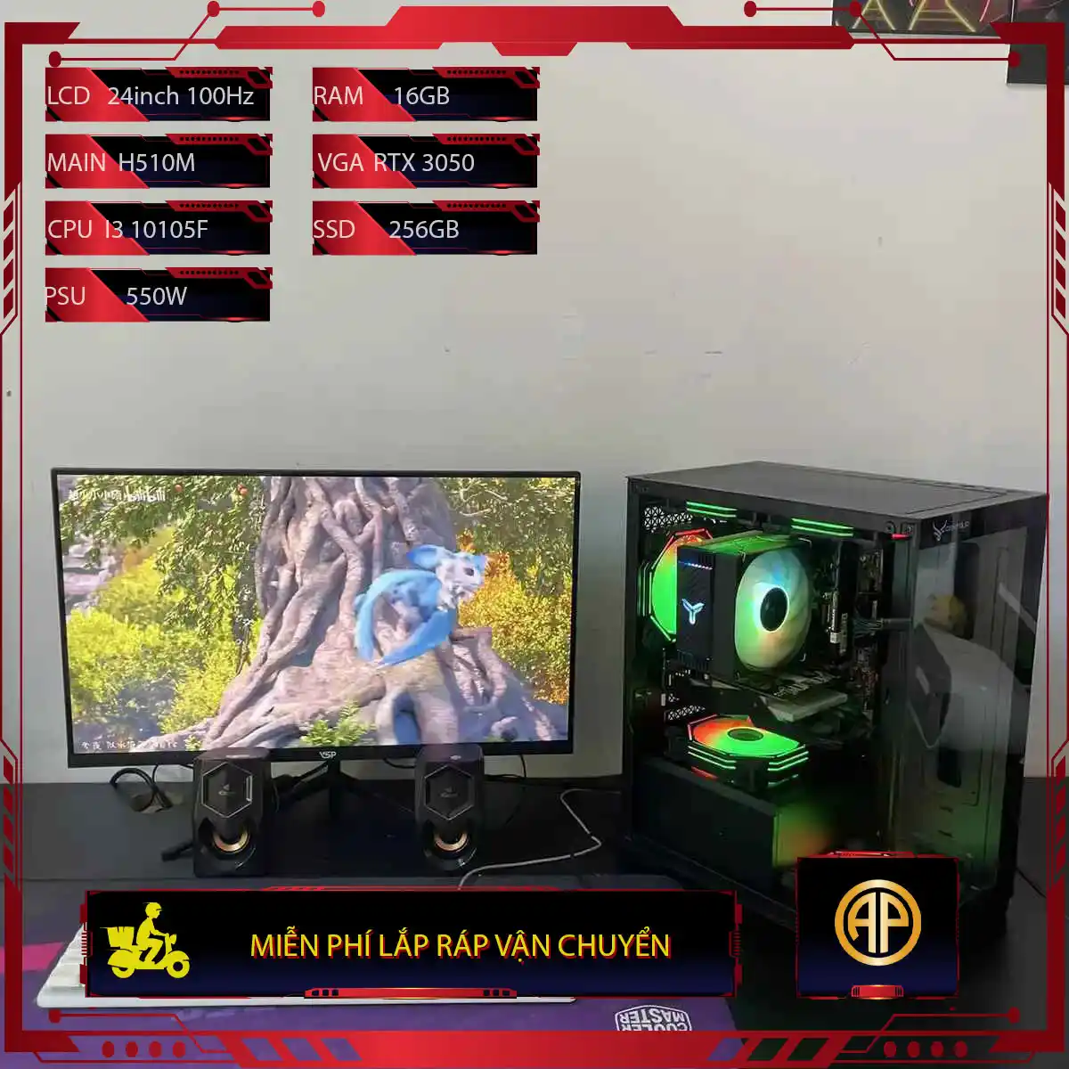  Dàn Pc Gaming Full Đen H510M I3 10105F 16GB RTX 3050  Kèm Màn Hình 24inch 100Hz 