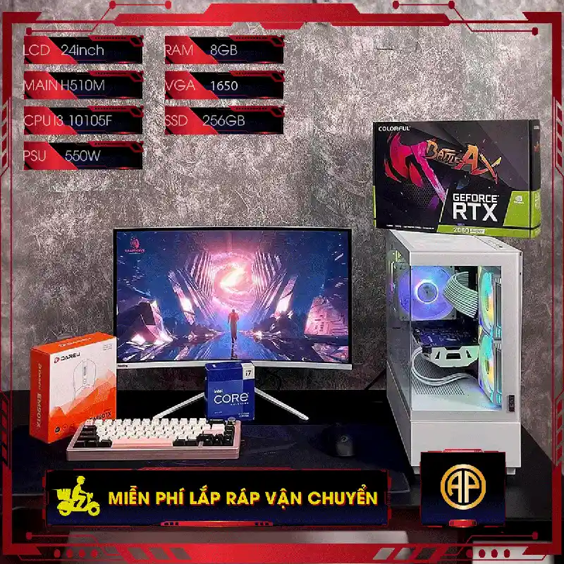  Dàn Pc Gaming AP Bể Cá Trắng H510M I3 10105F 8GB GTX 1650  Kèm Màn Hình Không Có Dữ Liệu 