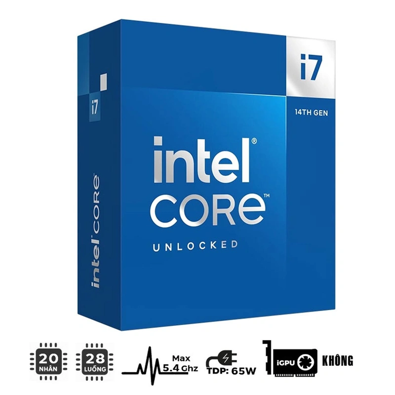 CPU Intel Core i7-14700F box chính hãng (UP TO 5.4GHZ, 20 NHÂN 28 LUỒNG, 33MB CACHE, 65W) - SOCKET INTEL LGA 1700/RAPTOR LAKE