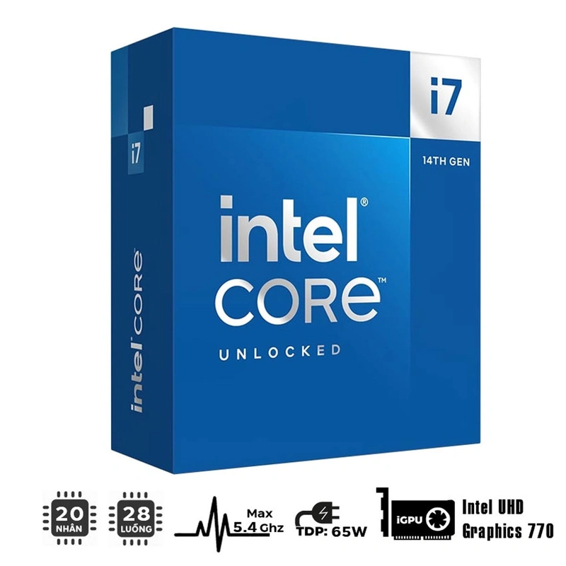 CPU Intel Core i7-14700 Box chính hãng (UP TO 5.4GHZ, 20 NHÂN 28 LUỒNG, 33MB CACHE, 65W) - SOCKET INTEL LGA 1700/RAPTOR LAKE