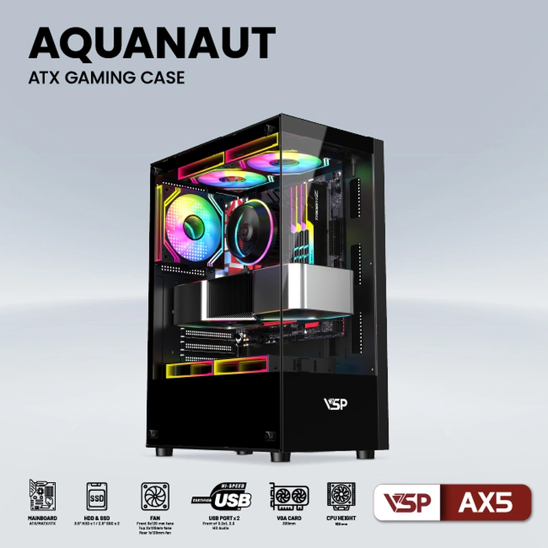 VỎ CASE VSP GAMING AQUANAUT AX5 (ATX, Đen, Chưa Gồm Fan)