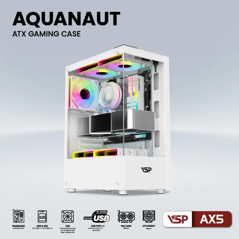 VỎ CASE VSP GAMING AQUANAUT AX5 (ATX, Trắng, Chưa Gồm Fan)