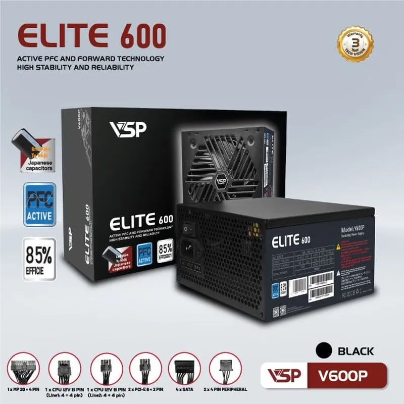 Nguồn Máy Tính VSP Elite Active PFC V600P - Đen | 600W, ATX