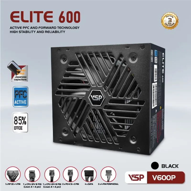 Nguồn Máy Tính VSP Elite Active PFC V600P - Trắng | 600W, ATX