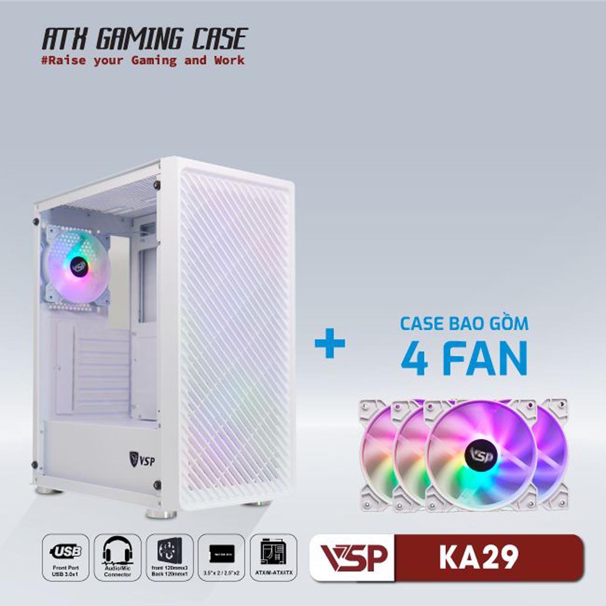 Vỏ Case VSP KA29 (ATX, Trắng, Kèm 4 Fan)