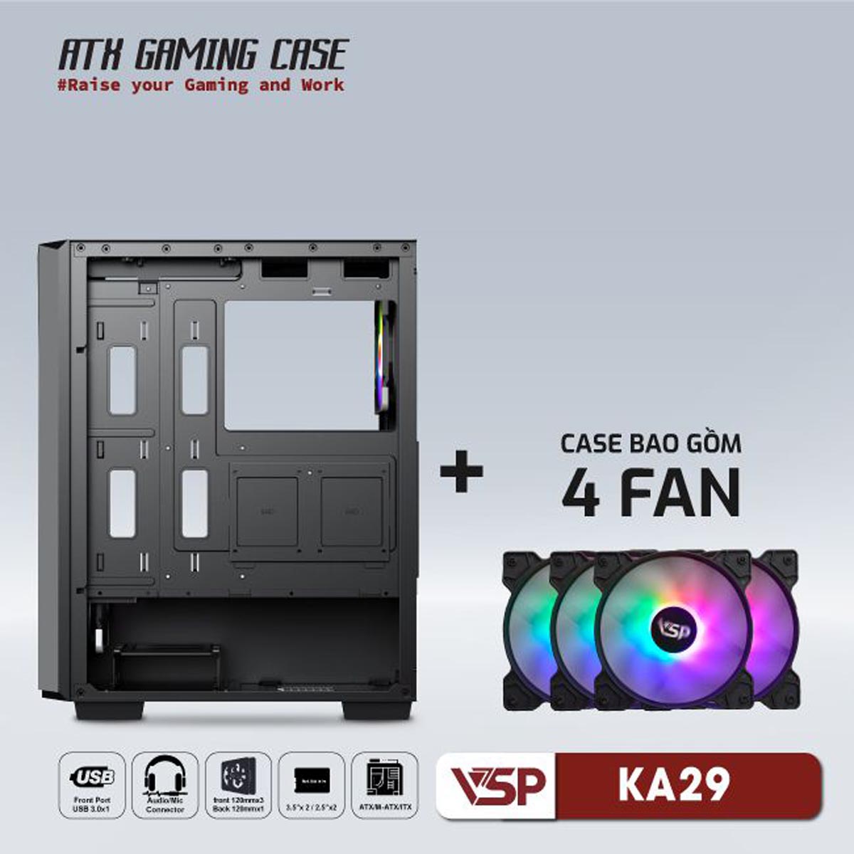 Vỏ Case VSP KA29 (ATX, Đen, Kèm 4 Fan)