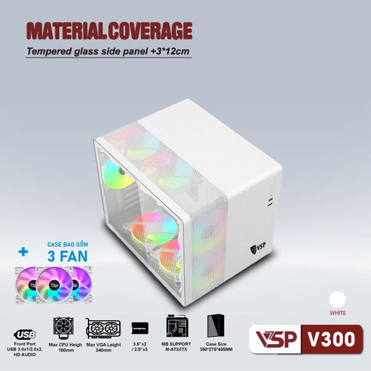 Vỏ Case VSP V300 Trắng (Kèm 3Fan LED )