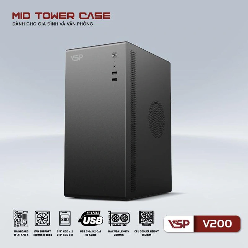 Vỏ Case VSP V200 (ATX, Đen, Chưa Gồm Fan)