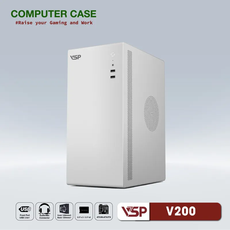Vỏ Case VSP V200 (ATX, Trắng, Chưa Gồm Fan)