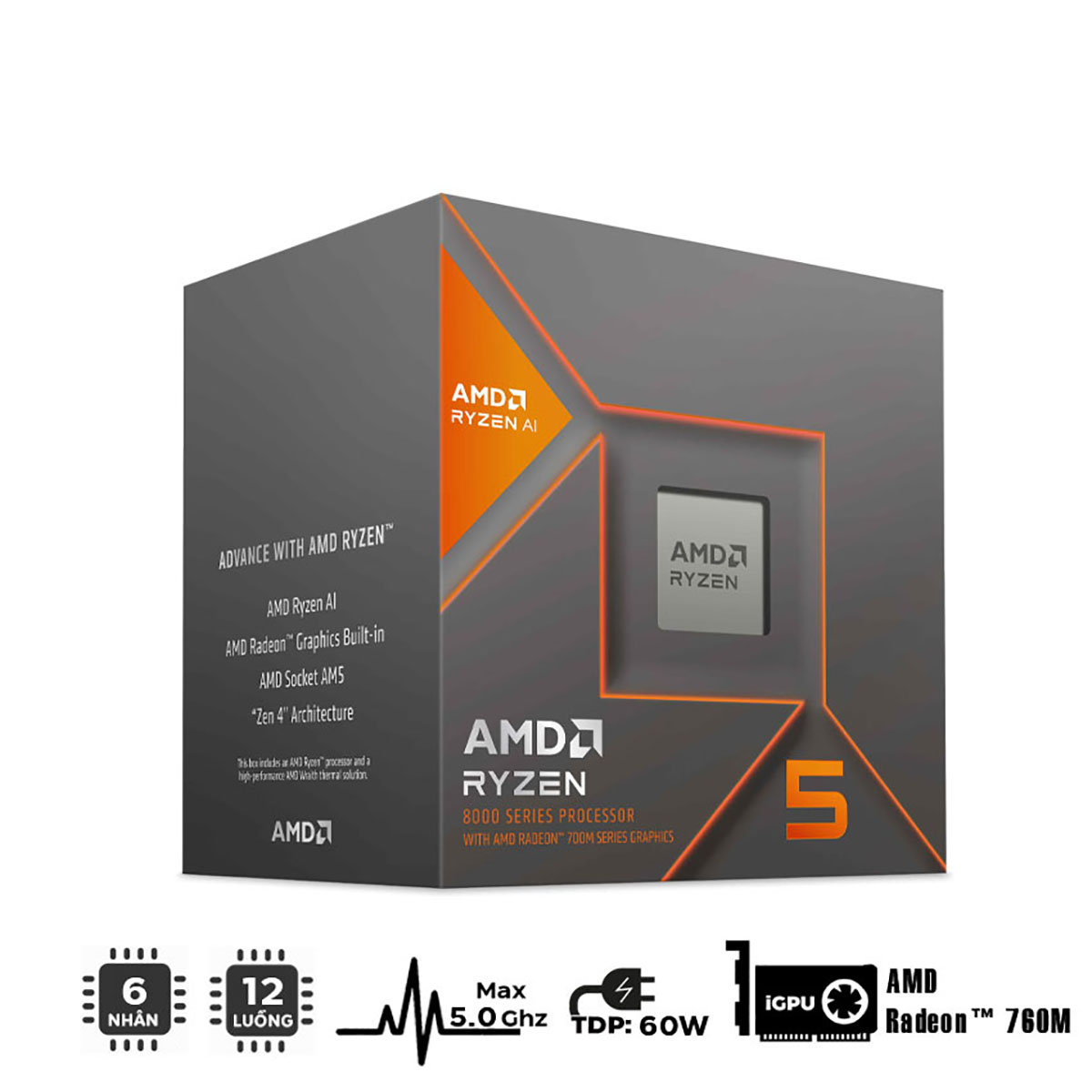 CPU AMD Ryzen 5 8600G (4.3GHz Upto 5.0GHz / 22MB / 6 Cores, 12 Threads / 65W / Socket AM5)